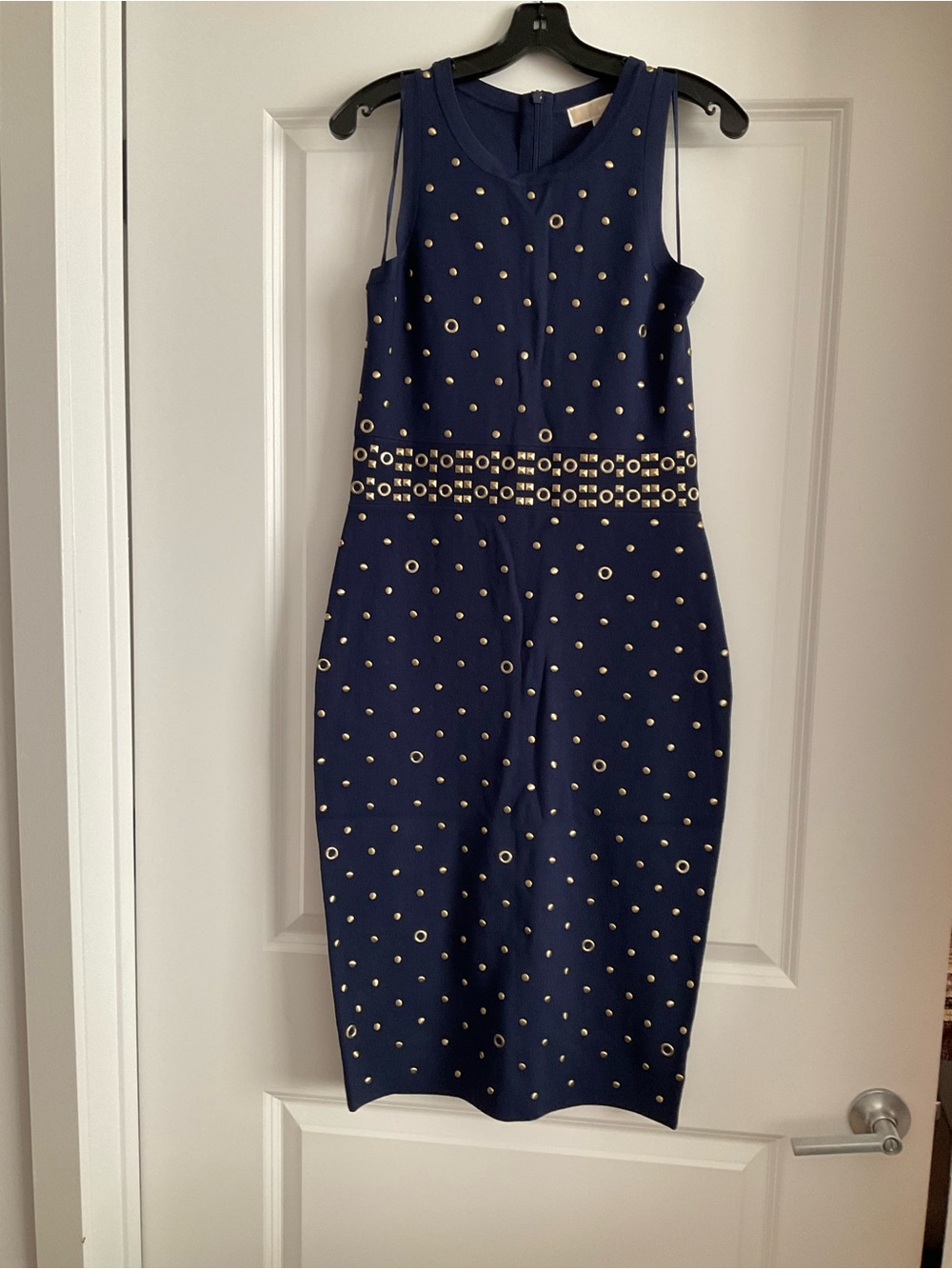 Michael Kors Navy Sleeveless Sheath Dress with Gold Studs